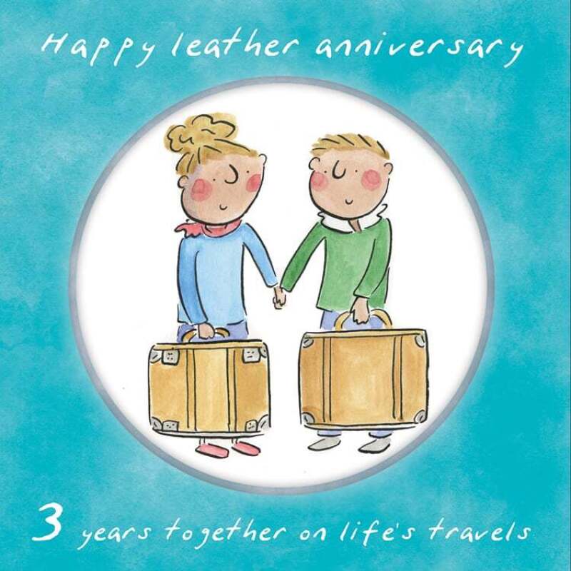 Holy Mackerel 3rd (leather) wedding anniversary card by Artist Rosie Brooks. 15cm square and blank inside. Anniversary card for him, her, husband, wife, couple etc