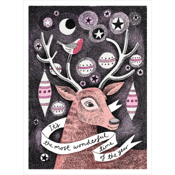 Most Wonderful time of The Year - stag Themed Christmas Card by Artist Lisa Berkshire, 12.7 x 17.7 cm