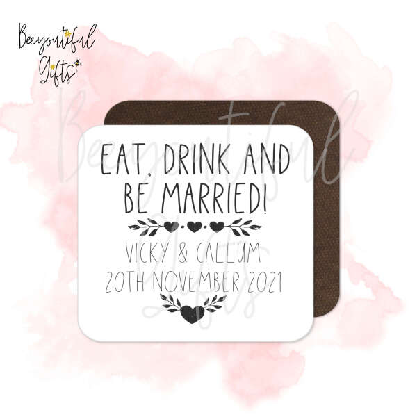 Personalised Save The Date Coaster - Monochrome Eat Drink & Be Married Monochrome