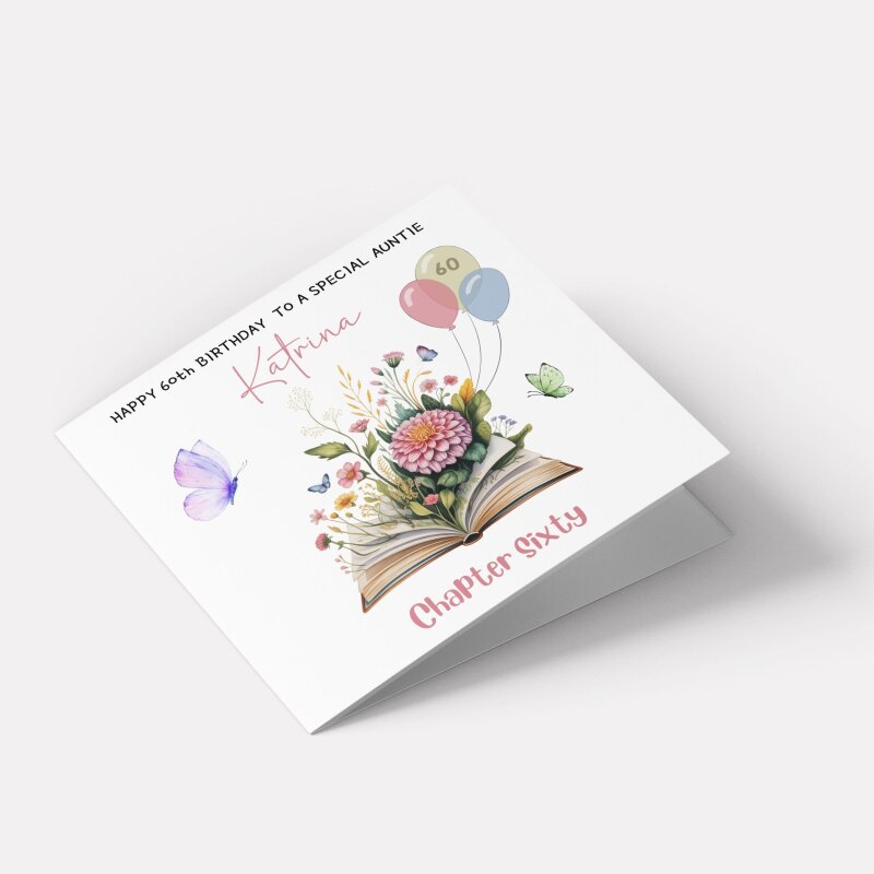 Personalised 60th Birthday Card for Auntie - Floral Book Design with Butterflies & Balloons - Smooth No Message - Custom Add to Notes