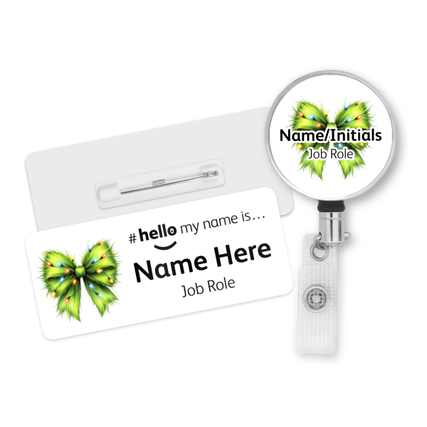 #hello my name is... Name Badge & Metal ID Reel - Green Fur Coquette Ribbon