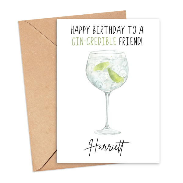 Personalised Alcohol Pun Card - Happy Birthday to a Gin-credible Friend - Small (Approx. A6 | 105mm x 148mm | 4.1in x 5.8in) - Standard Smooth Card