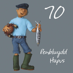 Penblwydd hapus, 70th male Welsh language age birthday card by Erica Sturla. Card is 15cm square and blank inside