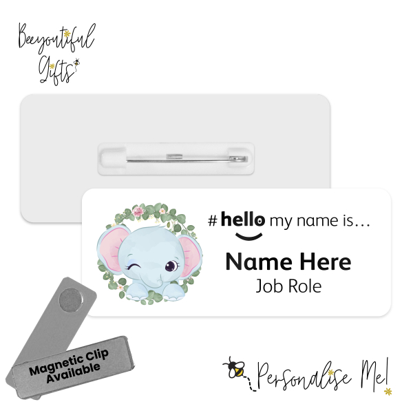 Name Badge - Cute Wild Animal Wreath Hello My Name is... - Elephant