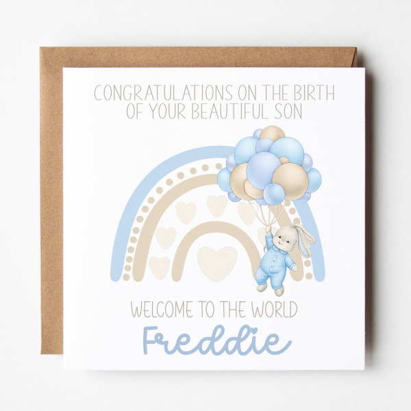 Personalised New Baby Card - Welcome to the World Blue Bunny Rainbow - Standard Smooth Card