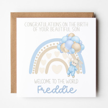 Personalised New Baby Card - Welcome to the World Blue Bunny Rainbow - Standard Smooth Card