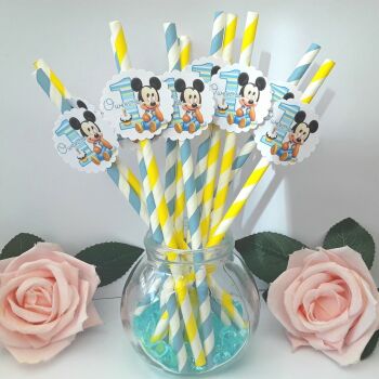 6 Personalised Baby Mickey Straws,Baby Mickey 1st Birthday,Mickey table decor