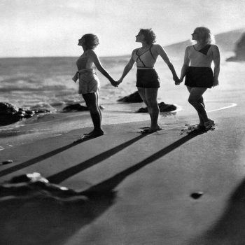 Holy Mackerel long shadows retro black and white photographic card featuring a vintage image of models on the beach - 12.6 x 17.7cm and blank inside