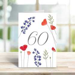 Feminine floral 60th birthday greeting card -  designed by Eloise Hall - 15.7 x 11cm and blank inside, made in the UK