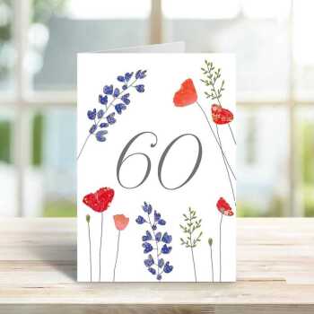 Feminine floral 60th birthday greeting card -  designed by Eloise Hall - 15.7 x 11cm and blank inside, made in the UK