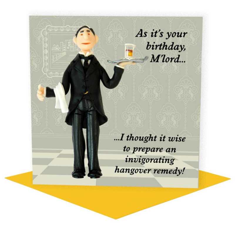 Hangover remedy - butler themed birthday card - designed by Erica Sturla - 15cm square and blank inside, made in the UK