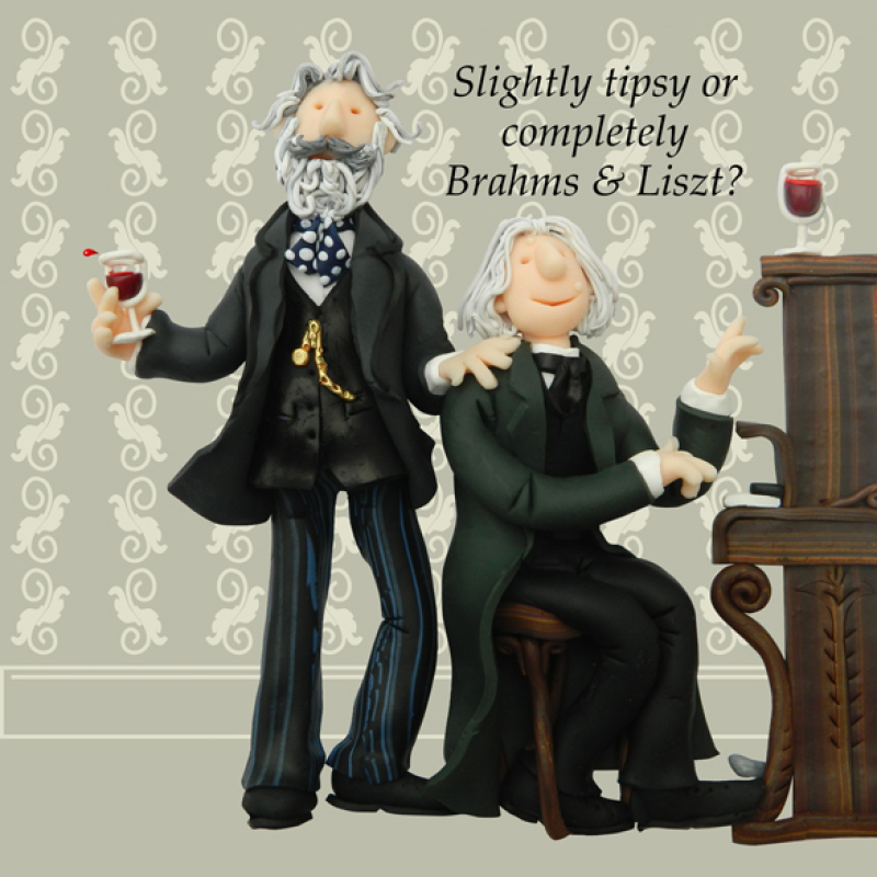 Holy Mackerel Slightly tipsy Brahms and Liszt funny card featuring the composers at the piano - designed by artist Erica Sturla - 15cm square and blank inside for your message - made in the UK