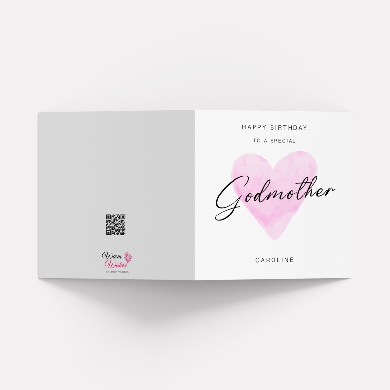 Godmother Birthday Card &ndash; Personalised Name &ndash; Pink Watercolour Heart &ndash; Handmade Greeting Card UK - Smooth No Message - Kraft Brown