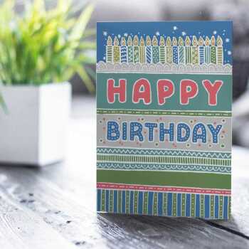 Happy birthday candles, a colourful and fun birthday card with a gorgeous printed envelope - 12 x 17cm and blank inside - made in the UK