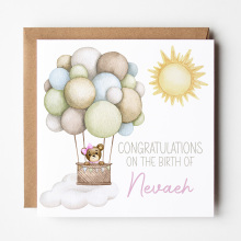 Personalised New Baby Card - Congratulations on the Birth of... - Pink Hot Hair Balloon - Standard Smooth Card