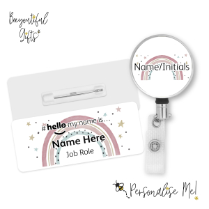 #hello my name is... Name Badge & Metal ID Reel - Watercolour Pastel Rainbow & Stars