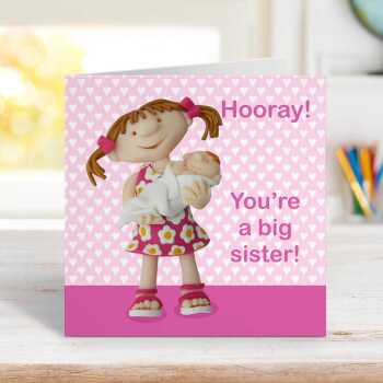Hooray you're a big sister - new sibling card for a little girl - designed by Erica Sturla - 15cm square and blank inside, made in the UK