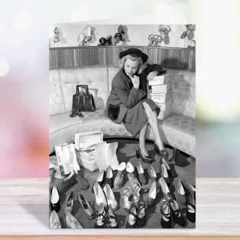 Choosing shoes - vintage black and white themed card - 12.6 x 17.7cm and blank inside - made in the UK