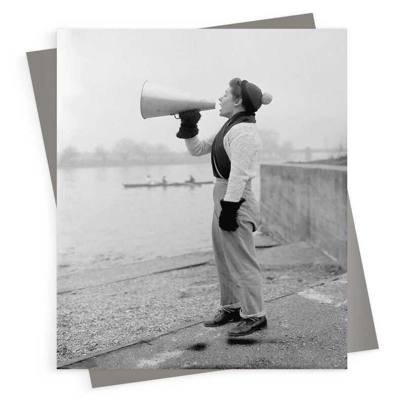 Rowing cox, black and white vintage photographic card featuring a cox encouraging her crew - 12.6 x 17.7cm and blank inside - made in the UK