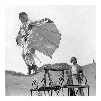 Holy Mackerel maiden flight retro black and white photographic card featuring a vintage image of a youngster trying to fly - 15cm square and blank inside