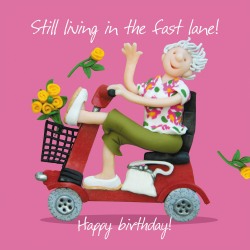 Holy Mackerel Fast lane (female), an Erica Sturla greetings card featuring a mobility scooter, for wife, Mum, Grandma, Auntie, friend etc. 15cm square, blank inside, made in the UK