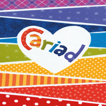 Holy Mackerel Rainbow Cariad, a love or anniversary themed LGBTQ+ Welsh language card (cerdyn Cymraeg) featuring an image of Sarah Hopkins' textile art - 12 x 17cm - blank inside for your message