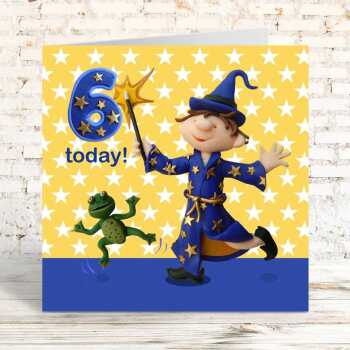 Birthday boy age 6 in a wizards costume - child's age birthday - designed by Erica Sturla - 15cm square and blank inside, made in the UK