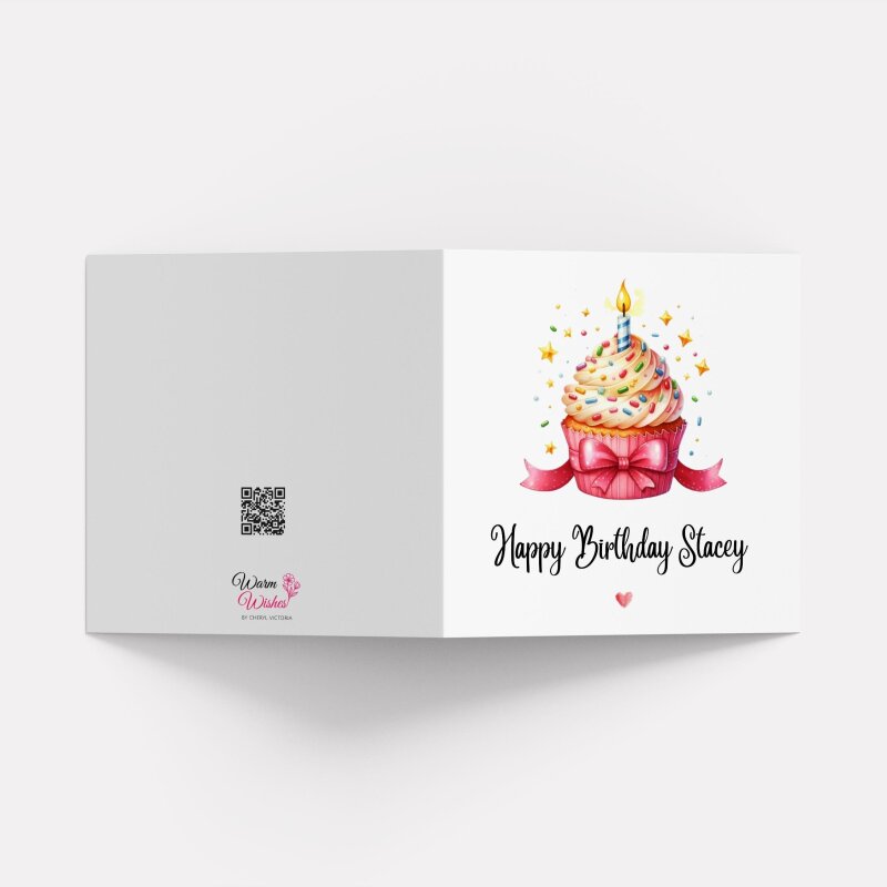 Personalised birthday card pink cupcake candle bow handmade greeting for her or him - Smooth No Message - Kraft Brown