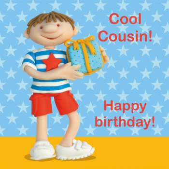 Holy Mackerel cool cousin birthday card for a little boy featuring a child with a present - designed by artist Erica Sturla - 15cm square and blank inside for your message - made in the UK
