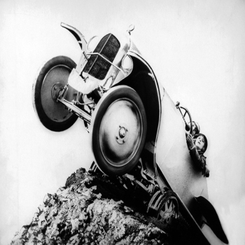 Holy Mackerel close shave retro black and white photographic card featuring a vintage image of a car balanced precariously - 12.6 x 17.7cm and blank inside
