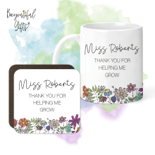 Personalised Teacher Mug & Coaster Set - Thank You For Helping Me Grow with Floral Edge