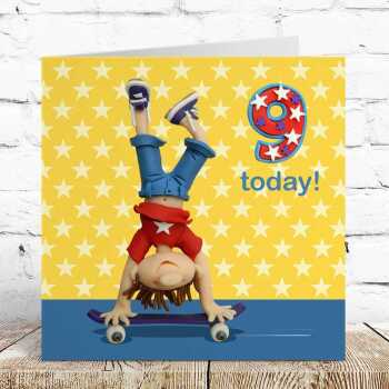 Birthday boy age 9 on a skateboard - child's age birthday - designed by Erica Sturla - 15cm square and blank inside, made in the UK