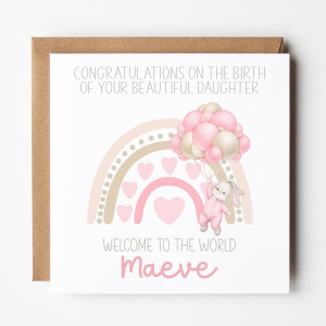 Personalised New Baby Card - Welcome to the World Pink Bunny Rainbow