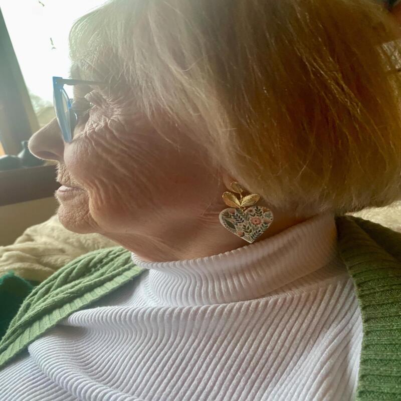 Floral Heart Polymer Clay Earrings &ndash; Botanical Gold Leaf Dangles &ndash; Romantic Statement Jewelry - leaf