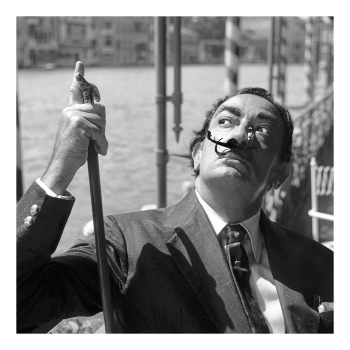 Holy Mackerel Salvador Dali in Venice retro black and white photographic card featuring a vintage image of the artist sporting a gondola moustache - 15cm square and blank inside