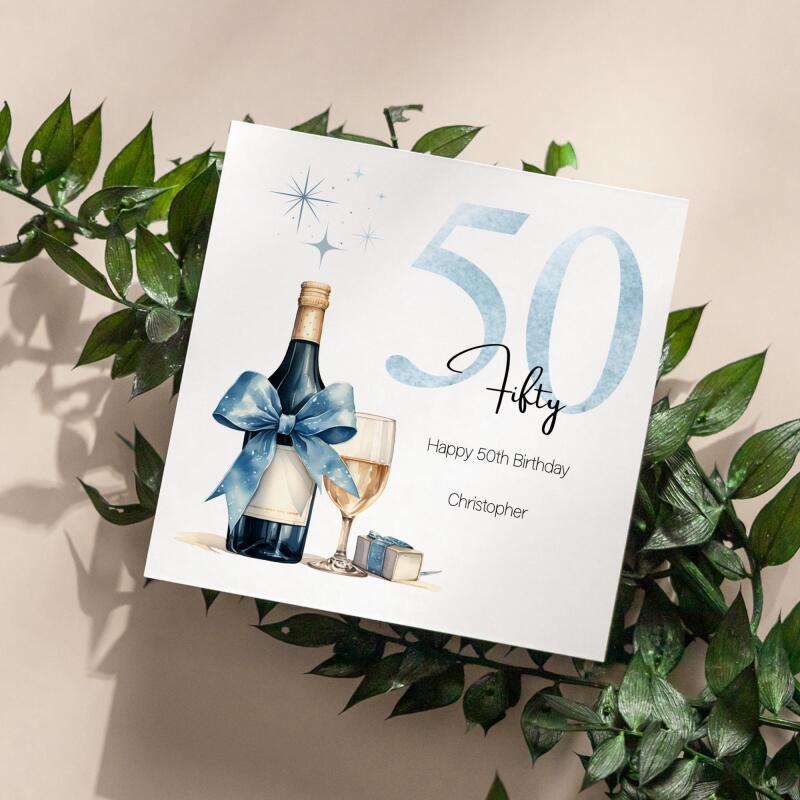 Personalised 50th Birthday Card for Him Blue Champagne Gift Box Milestone Mens - Smooth No Message - Kraft Brown