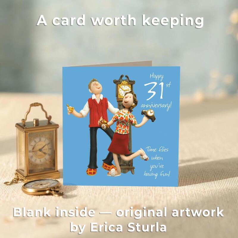 31st Anniversary Card - Time Flies - Polymer Clay Art by Erica Sturla - Funny Anniversary UK