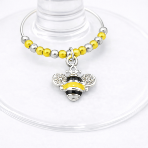 Handmade Wine Glass Charm - Enamel Silver Diamante Bee