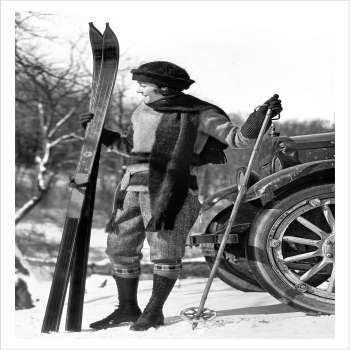 All ready to ski, a 127 x 175mm Alternative Image Christmas card featuring a vintage black and white photo, message inside says Happy Christmas