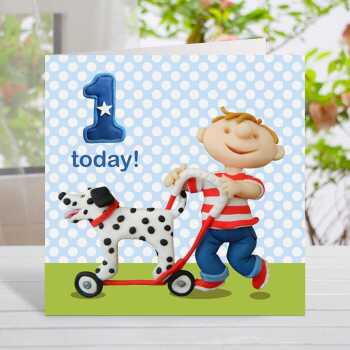 Birthday boy age 1 with doggie - child's age birthday - designed by Erica Sturla - 15cm square and blank inside, made in the UK