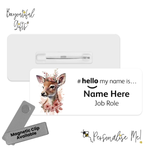 Name Badge - Cute Pink Floral Animals Hello My Name is... - Deer