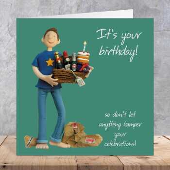 Celebration hamper male birthday card for him - designed by Erica Sturla - 15cm square and blank inside, made in the UK