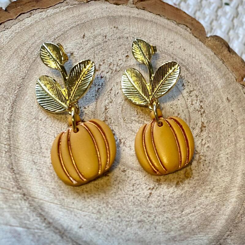 Polymer Clay Pumpkin Earrings: Gold Leaf Autumn Dangles