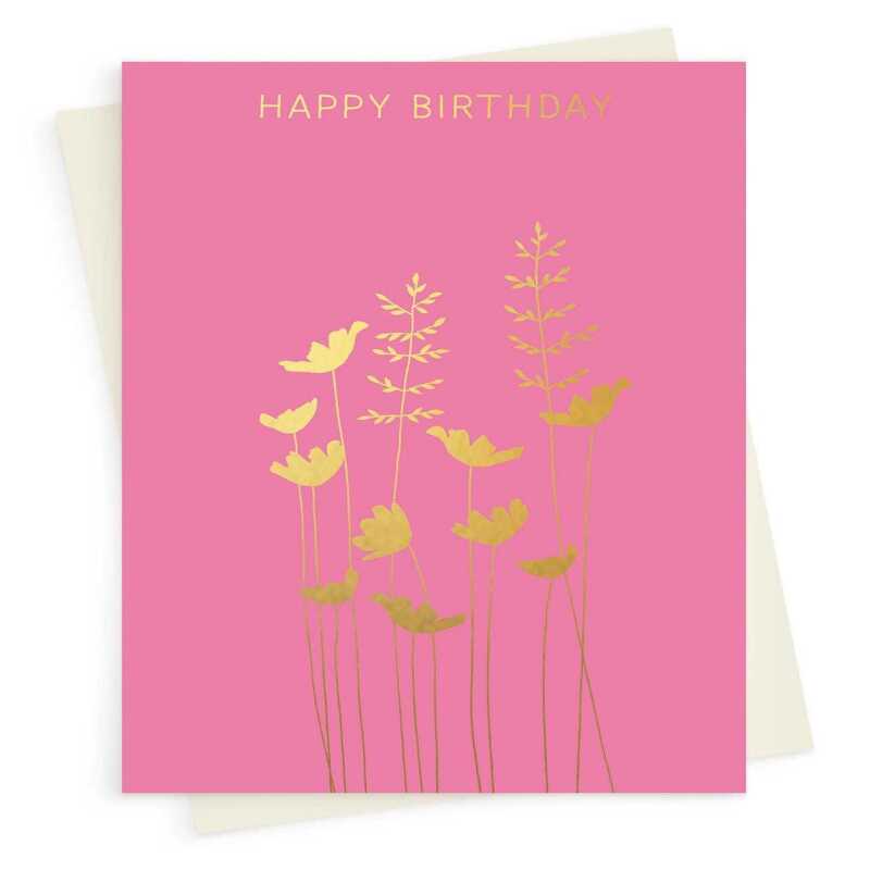 Happy birthday card with a pretty gold foil anemone & grass print - designed by artist Eloise Hall - 15.7 x 11cm and blank inside