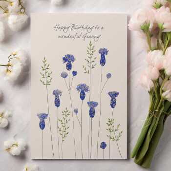 Thistles granny birthday card -  designed by Eloise Hall for Holy Mackerel - 15.7 x 11cm and blank inside, made in the UK