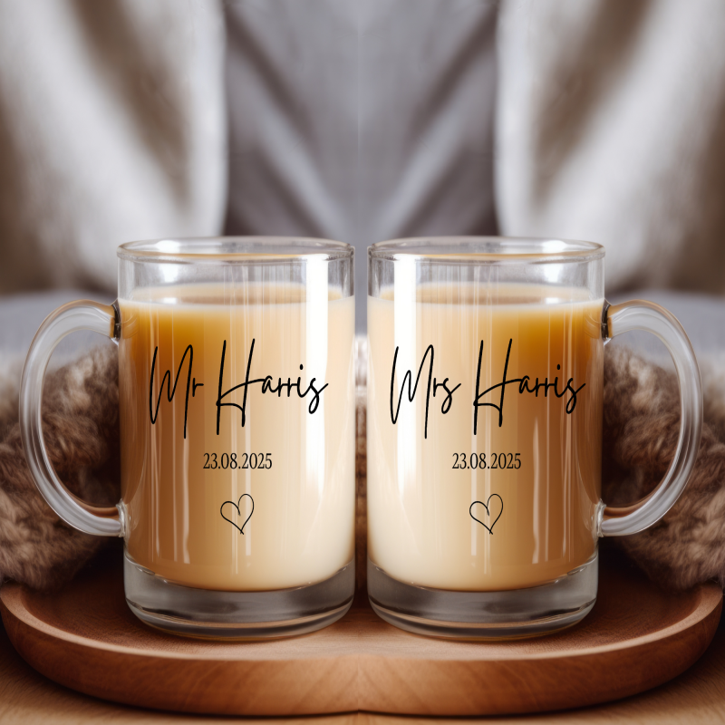 Personalised Mr And Mrs Glass Mug, Clear Mug, Name Mug, Bride And Groom Mug, Wedding Mug - MRS ONLY