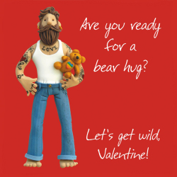 Holy Mackerel Bear hug, an Erica Sturla 150mm square LGBTQ+ Valentines card, blank inside for your message