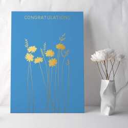Congratulations card embellished with a gold foil daisy print - designed by artist Eloise Hall - 15.7 x 11cm and blank inside