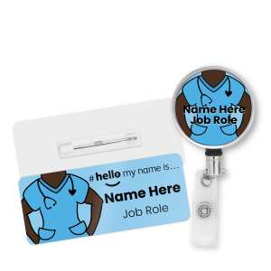 Name Badge & Metal ID Reel - Blue Scrubs Hello My Name is... - Skin Tone 5
