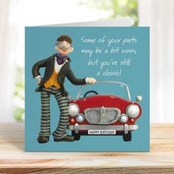 Worn parts birthday card for him - designed by Erica Sturla - 15cm square and blank inside, made in the UK